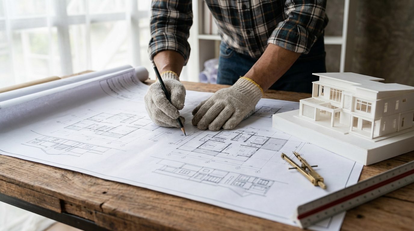 مهندس يراجع مخططات معمارية بجانب مجسم مبنى ثلاثي الأبعاد
